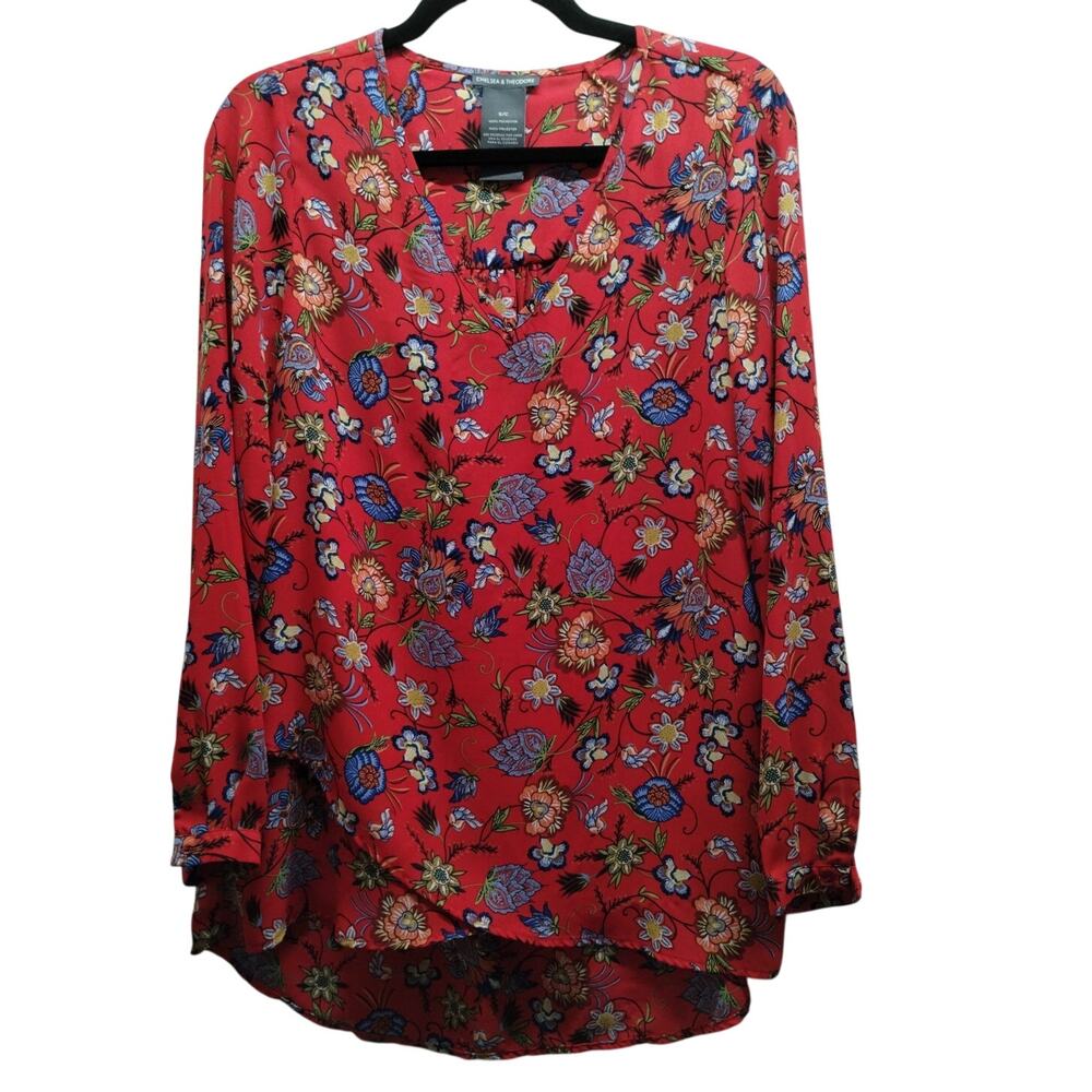Chelsea & Theodore Women's Size Small Red Floral Long Sleeve V-Neck Tunic Top